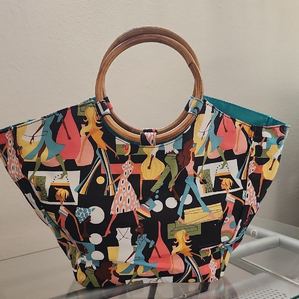 Vintage Neiman Marcus Bamboo Handle Tote Bag Multicolor Print